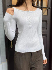 LIZAKOSHT  -  Six Buttons Knitted Long Sleeve T-shirts Autumn Scoop Neck Cotton Slim Tee Shirts Female Casual Simple All-match Woman's tee