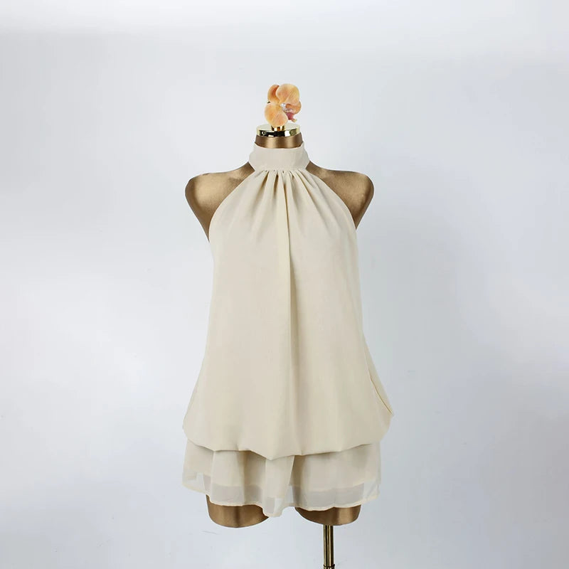 LIZAKOSHT  -  Beach Vacation Summer Ruffles Mini Sleeveless Dress Women's Fashion Solid Color Hanging Neck Open Back Pleated Dresses