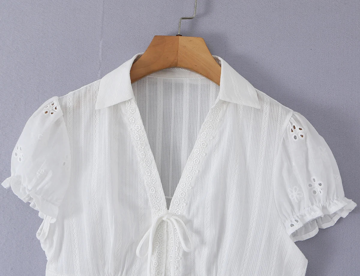LIZAKOSHT  -  CHIC White Embroidery Flower Hole Lapel V Collar Short Puff Sleeve Shirt Women Bow Lacing Up Front Side Zipper Blouse Crop Tops