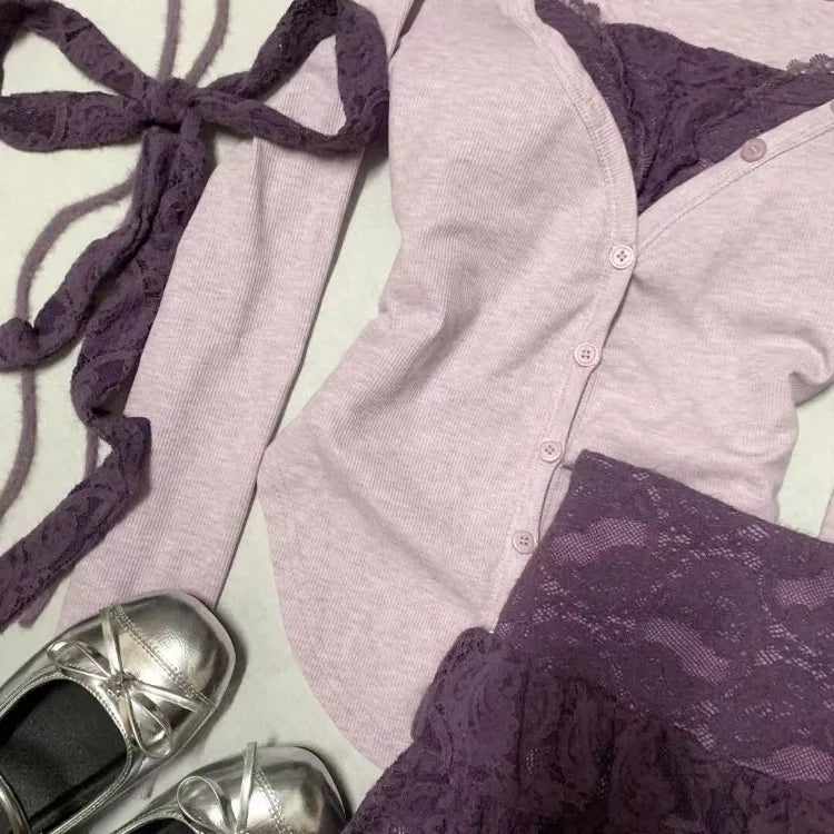 LIZAKOSHT  -  Lolita Sweet Skirt Set Women Purple Patchwork Long Sleeve Cardigan Layered High Waisted Pretty Style Mini Lace Skirt