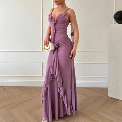 LIZAKOSHT  -  Ladies Sexy Deep V Neck Ruffle Slim Bodycon Dress Spring Solid Flower Draped Party Dress Summer Backless Straps Long Dress Mujer