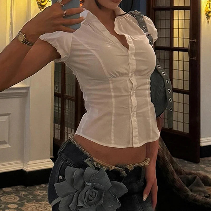 LIZAKOSHT  -  Casual Solid White Crop Blouses for Women Fashion Turn-down Neck Shirts Streetwear Korean Y2K Button Up Clothings