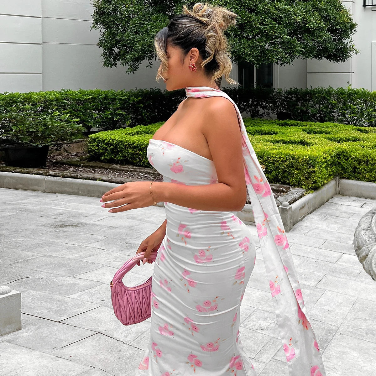 LIZAKOSHT  -  Elegant Floral Print Strapless Ribbon Sexy Bodycon Maxi Prom Dress Summer Women Clothes Birthday Party Festival
