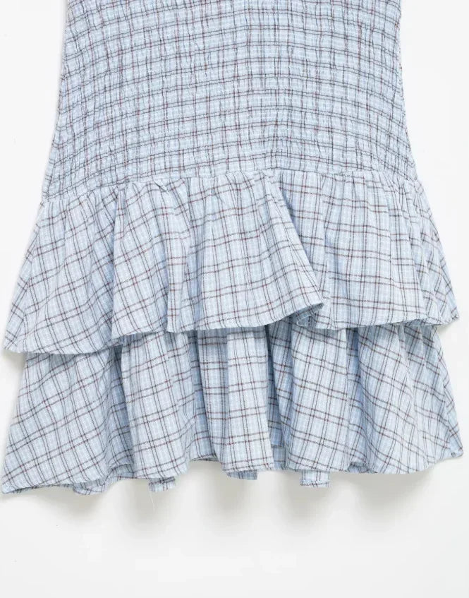 LIZAKOSHT  -  Plaid Waist Cinching A-line Dress Women Casual Short Sleeve V-neck Layered Pleated Mini Dresses Lady Holiday Street Robes