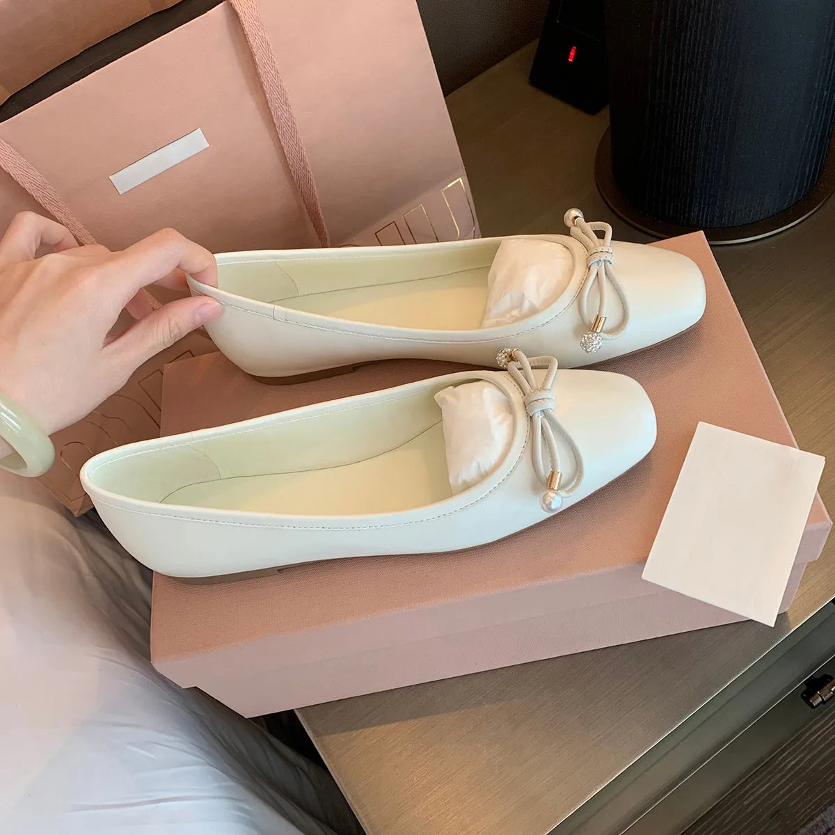 LIZAKOSHT -  Luxury Glitter Sequins Bowtie Ballets Shoes Ladies Square Toe Silver Flats Woman Slip On Moccasins Female Soft Soled Ballerinas