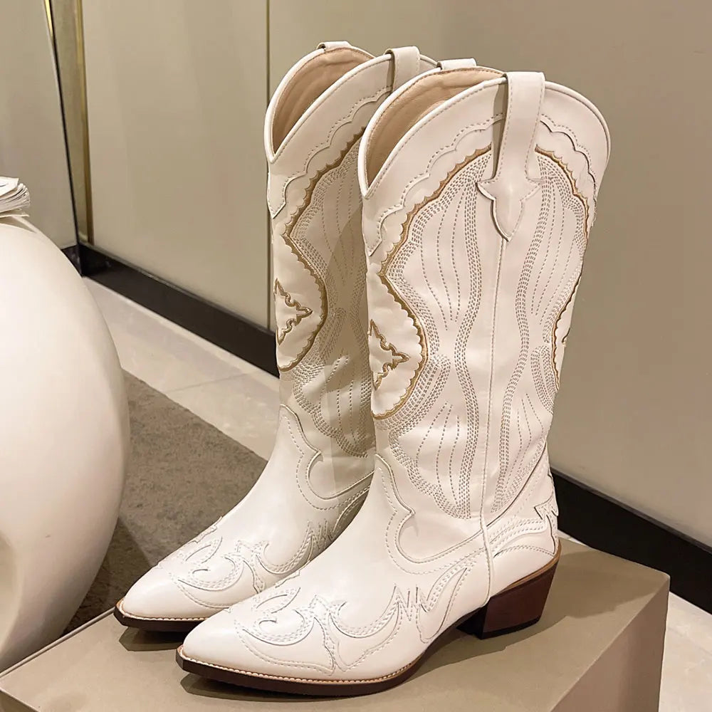 LIZAKOSHT  -  Retro Western Boots Vintage Cream Cowboy Boots Women Shoes Embroidered Pull On Chunky Heels Mid Calf Black Cowgirls Boots