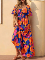 LIZAKOSHT  -  Women Elegant V-neck Draped Vacation Dress Summer Casual Short Sleeve Big Swing Party Dress Fashion Floral Printed Long Dresses