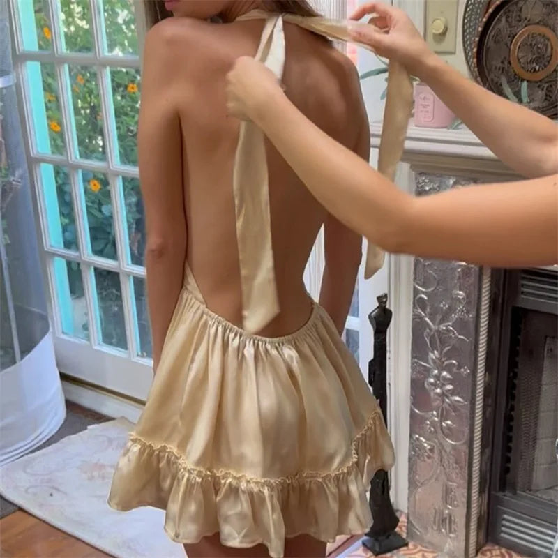 LIZAKOSHT  -  Sexy Deep V-neck Backless Champagne Party Club Dresses Women Halter Bandage Sleeveless Tunics Buttons Short Evening Dress