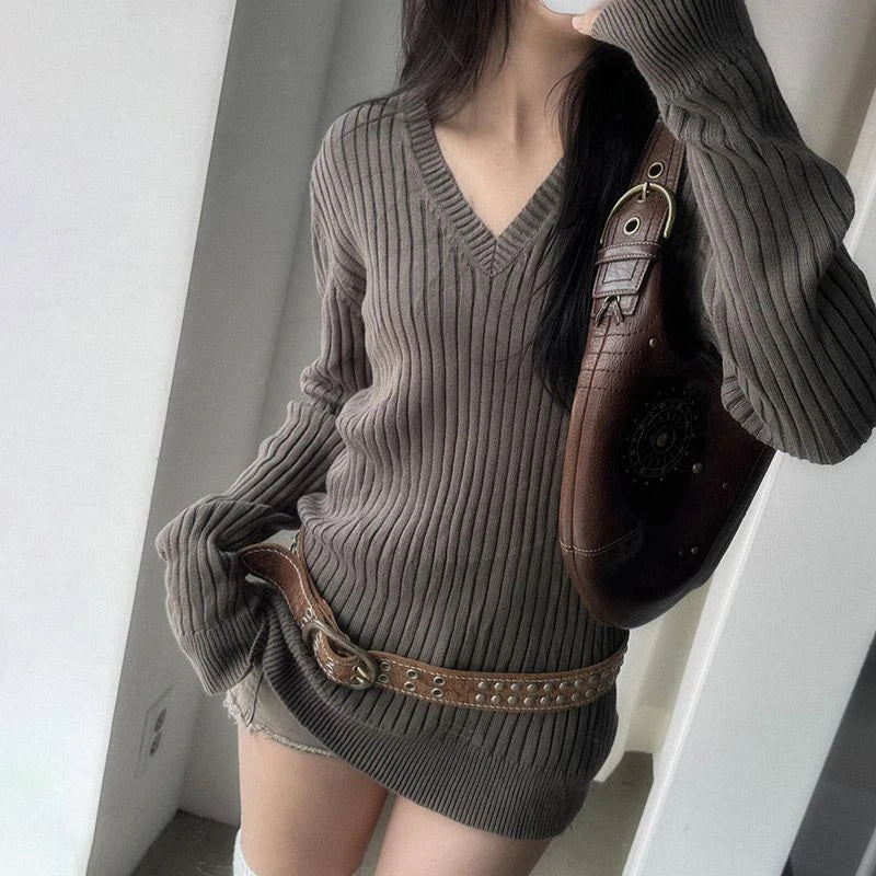 LIZAKOSHT  -  Vintage V Neck Knitted Sweaters Women Fall Winter Hotsweet Slim Fit Long Sleeve Pullovers American Retro Solid Lazy Wind Jumpers