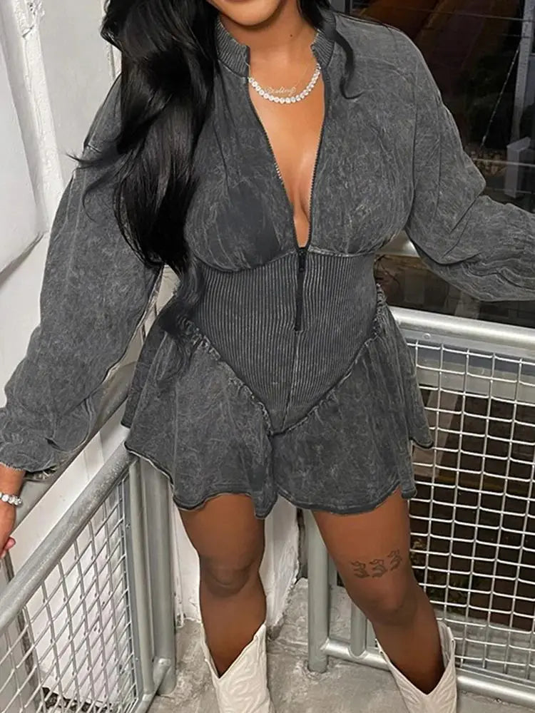 LIZAKOSHT  -  Vintage Distressed Denim Jumpsuit Women Fashion Body-shaping Romper One Piece Zipper Bodysuit Streetwear Playsuit Mujer