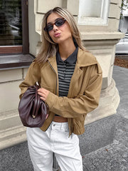 LIZAKOSHT  -  Casual Flip Collar Zipper Pocket Jacket Woman Solid Color Long Sleeves Loose Street Coats Chic Women's Warm Early Autumn Jackets