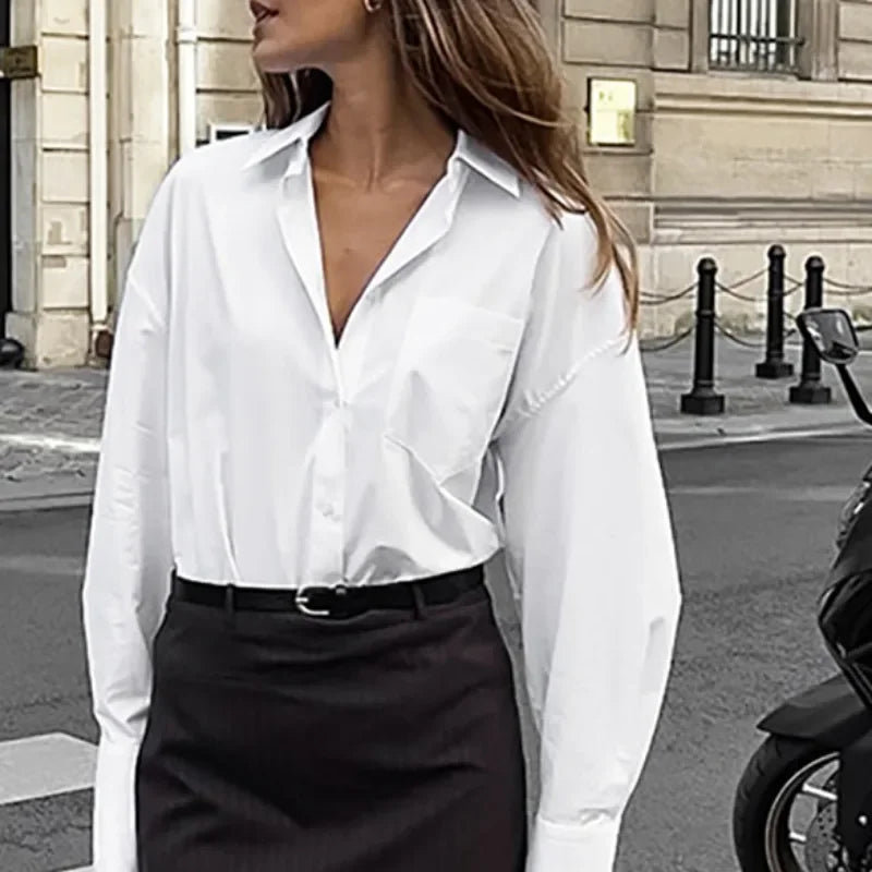 LIZAKOSHT  -  Fashion Loose White Shirt Autumn Office Lady Blouse Elegant Long Sleeve Tops Casual Pocket Loose Women Clothes Blusas 29375