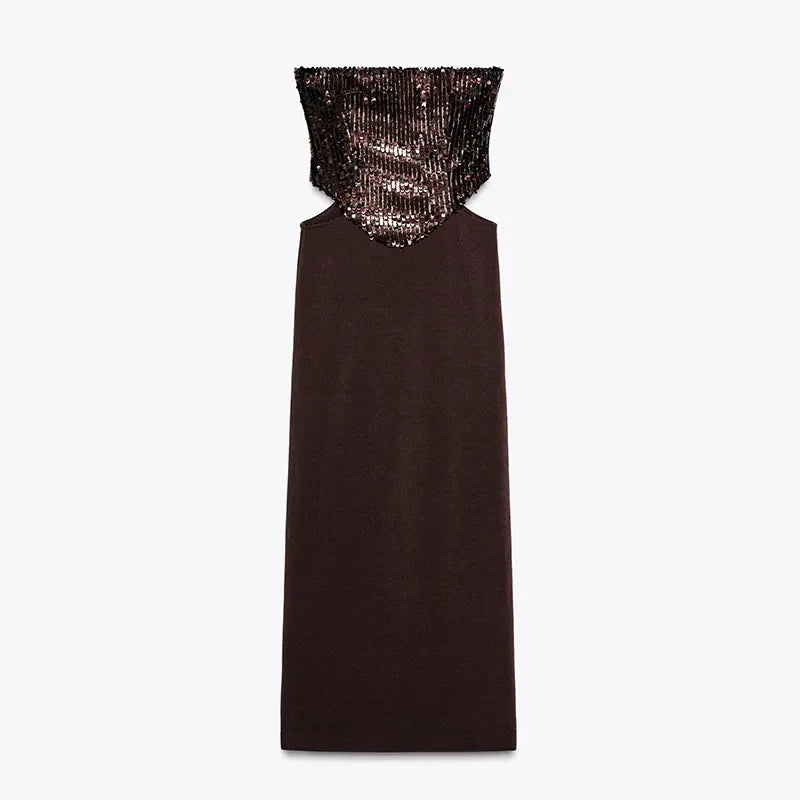 LIZAKOSHT  -  Sexy Sequin Patchwork Party Dress Brown Backless Sleeveless Tube Top Hollow Out Long Dresses 2025 Summer Solid High Street Robes