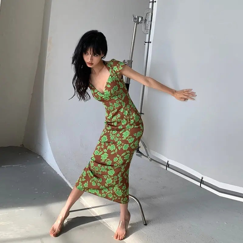 LIZAKOSHT  -  Sexy Elegant Girl Deep V-neck Fishtail Style Printed Dress Long Dress New Summer