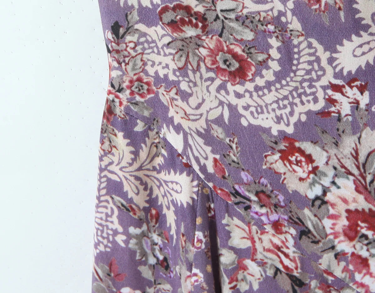 LIZAKOSHT  -  Holiday Purple Paisley Floral Print Sling Dress Women Bow O neck Cross bandage Back Zipper Low Waist Swing Dresses Vestidos Robe