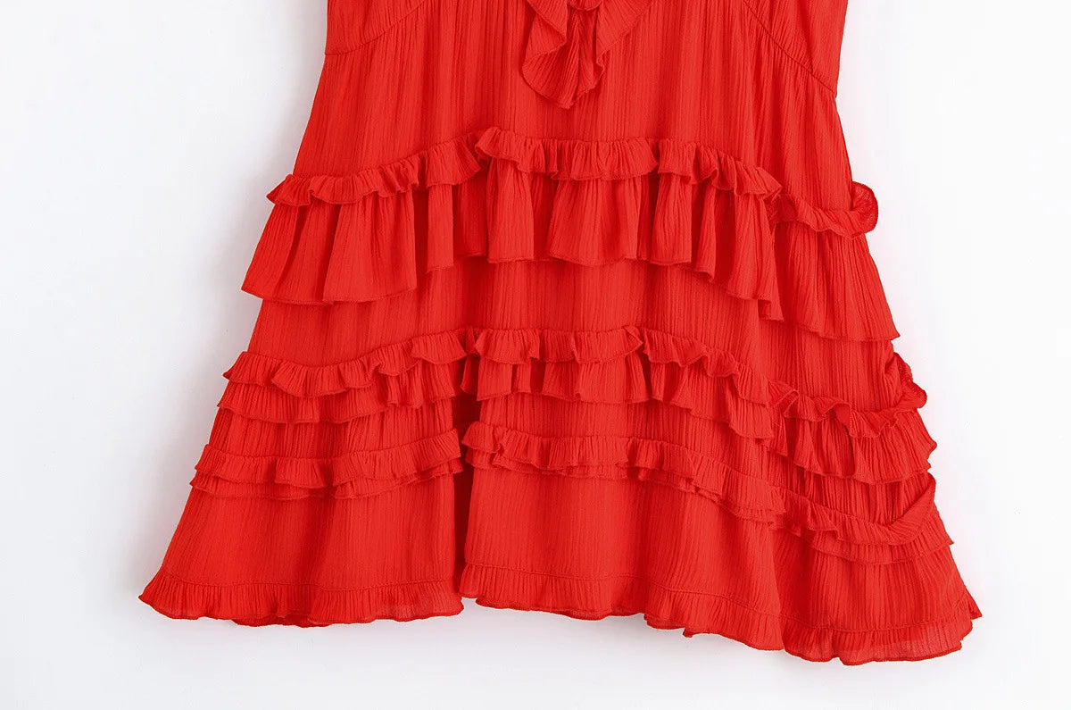 LIZAKOSHT  -  Elegant Layered Ruffle Dress Women 2025 New Summer Loose Sexy V-neck Sleeveless A-line Mini Dresses Vacation Party Evening Dress