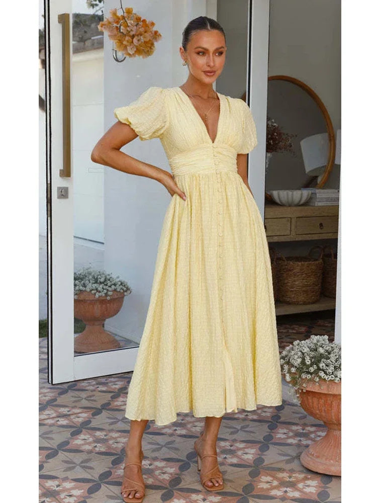 Lizakosht V-neck Yellow Puff Sleeve Split Solid Summer Women Dress 2024 A-line Maxi Long Sundress Vestido Button Beach Dress Party