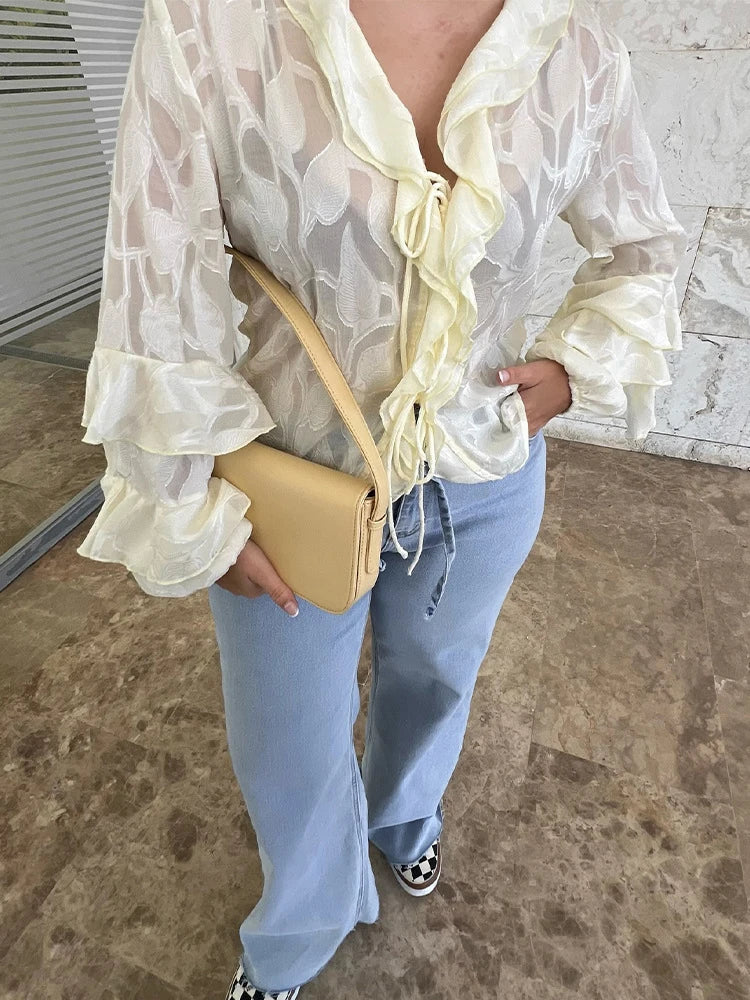 LIZAKOSHT  -  Chic Cascading Ruffle Top For Women V-neck Long Sleeve Hollow Out Lace Up Transparent Shirt 2025 Summer Female Casual Outerwear