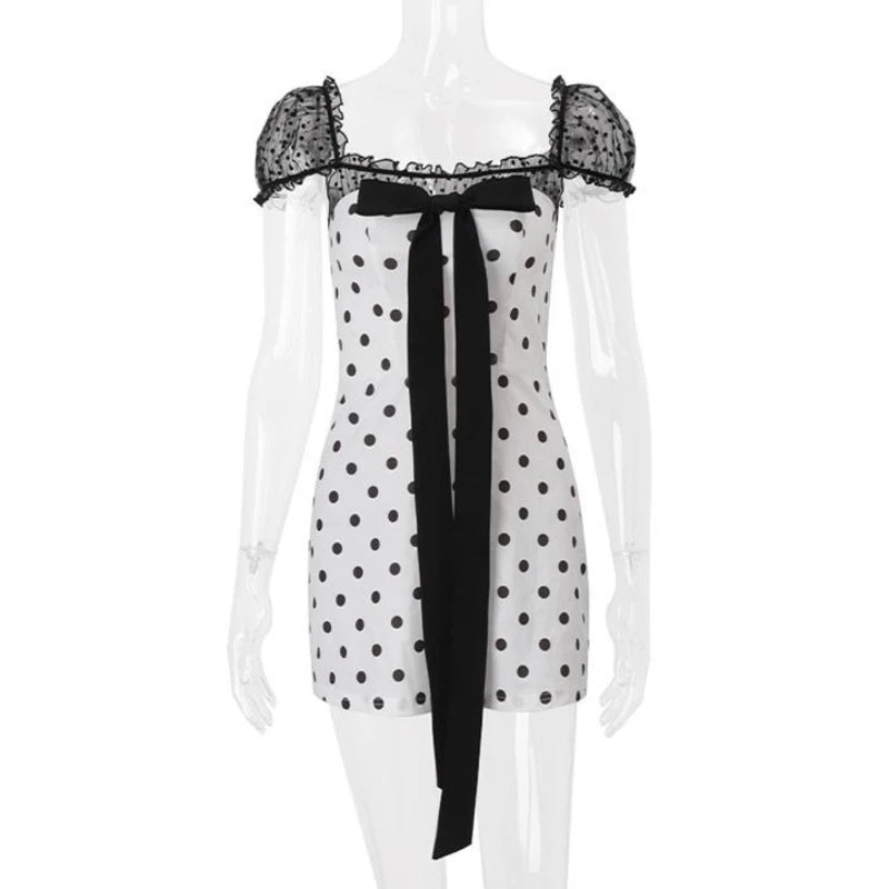 LIZAKOSHT  -  French Vintage Style Bow Polka Dot Dress Women Spring Elegant Mesh Spliced Pencil Dresses Korea Chic Design Party Outfits