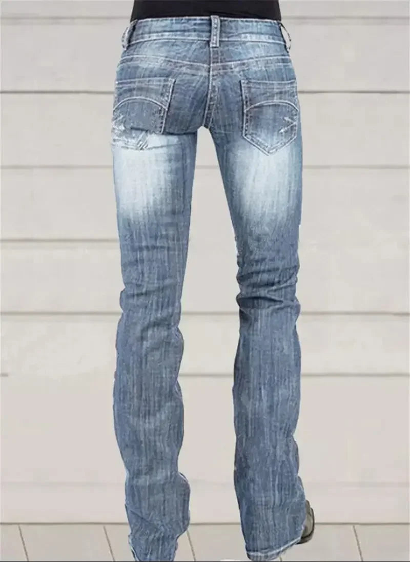 LIZAKOSHT  -  Low-waisted Women Flared Jeans Fashion Vintage Whitish Blue Washable Denim Pants Slim Fit Trousers Female Chic Casual Streetwear