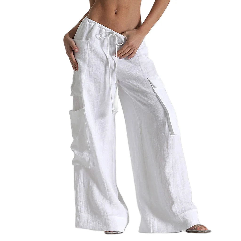 LIZAKOSHT  -  Women's Y2K Cargo Long Pants Solid Color Drawstring Elastic Low Waist Wide Leg Trousers with Multi Pockets Streetwear