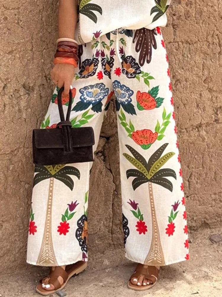LIZAKOSHT  -  Women's Cotton Linen High Waist Wide Leg Pants Bohemian Long Pants Casual Loose Drawstring Waist Fashion New Vintage