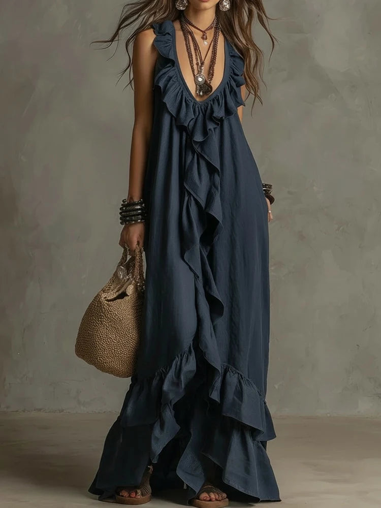 LIZAKOSHT  -  Lady Fashion Ruffle Trim Vacation Long Dress Bohemian Style Loose Summer Dress  Elegant Deep V Neck Sleeveless Solid Party Dress