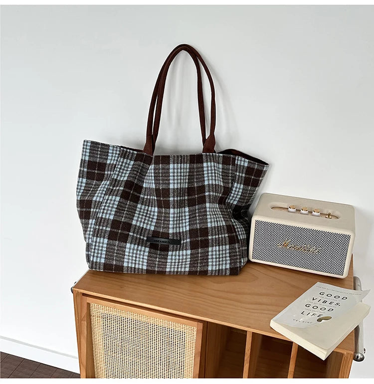 LIZAKOSHT  -  Autumn and Winter Woolen Plaid Shoulder Bag Double Sided Use Handbag Large Capacity Tote Bags For Women