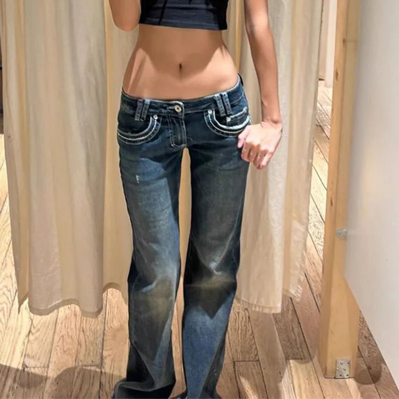 LIZAKOSHT  -  American High Street Low Rise Jeans Women Harajuku Y2K Blue Bootcut Denim Pants Fashion Classic Basic Simple Straight Trousers