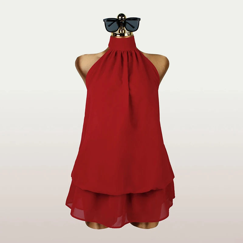 LIZAKOSHT  -  Beach Vacation Summer Ruffles Mini Sleeveless Dress Women's Fashion Solid Color Hanging Neck Open Back Pleated Dresses