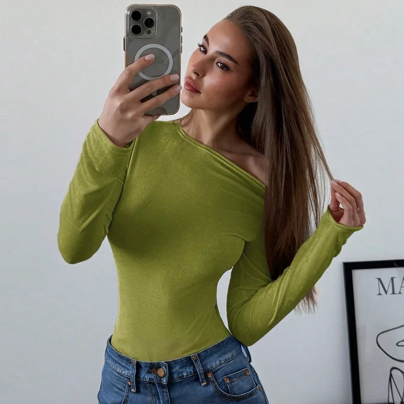 LIZAKOSHT  -  Oblique Shoulder Long Sleeve Tops For Women Metal Buckle Slim Fit Sexy Solid Color Bodycon Fashion BasicTop Streetwear