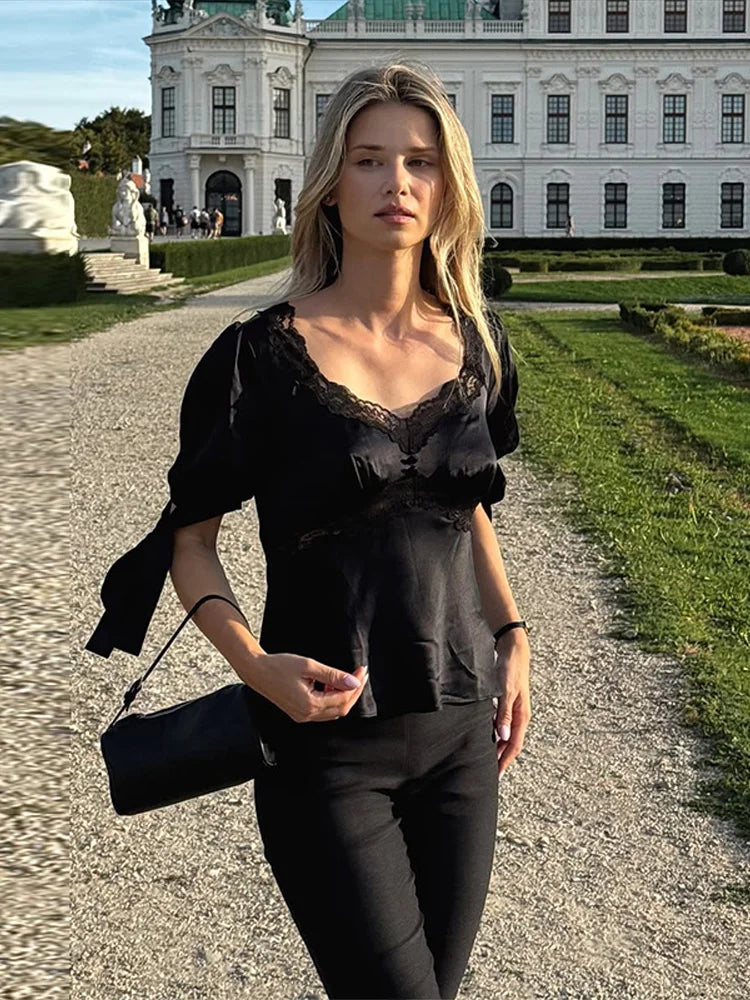 LIZAKOSHT  -  Satin Women's Top Lace Trim Puff Short Sleeve Square Neck Blouse Female Tie Cuff Casual Spring Fashion Chic Short Tops Ladies