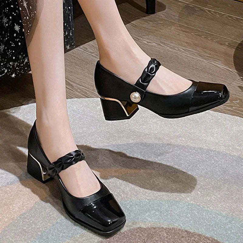 LIZAKOSHT  -  Women 4.5cm High Heels Elegant Evening Party Pumps Female Casual Pearl Buckle Strap Block Low Heels Lady Sweet Mary Jane Shoes