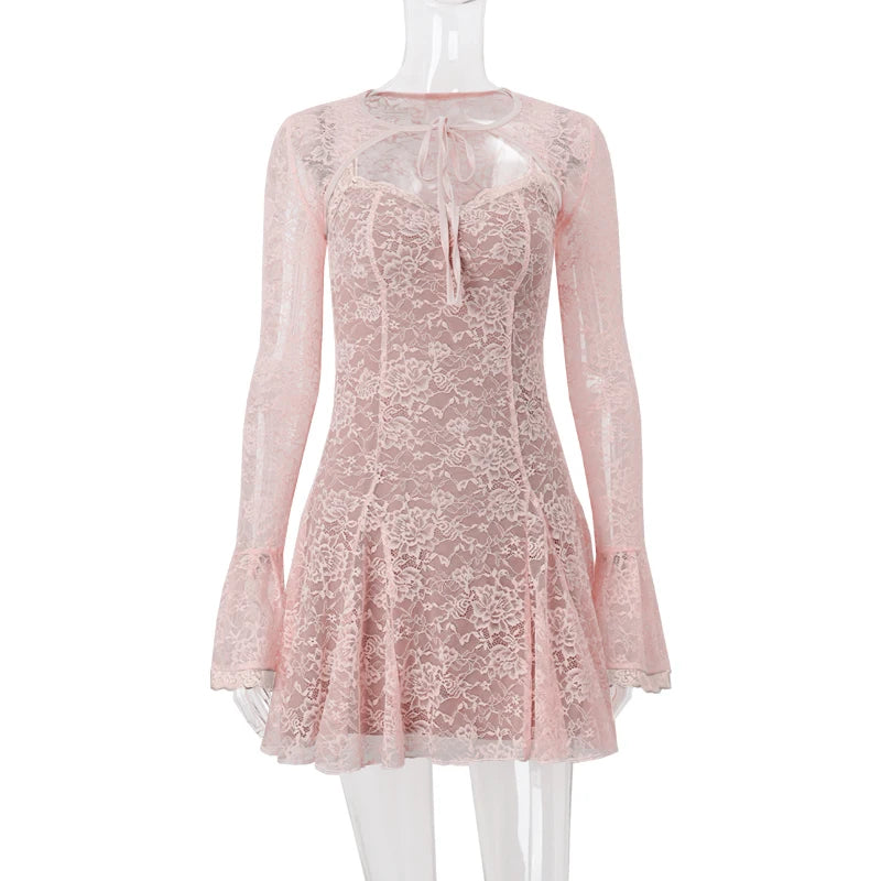 LIZAKOSHT  -  Lace Print Flare Long Sleeve Shawl Elegant Mini Dresses Sexy Pleated Bodycon Dress Evening Party Fall Y2K 2 Piece Sets