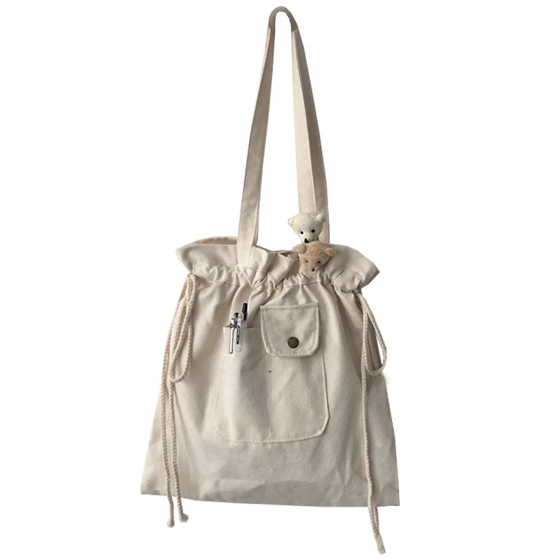 LIZAKOSHT  -  Korean Ins Simple Girls Canvas Bag Japanese Chic Y2k Aesthetic Casual Tote Bags Drawstring Pleated Shoulder Handbags for Women