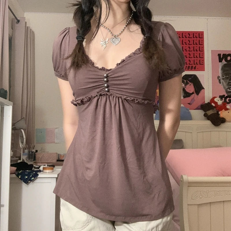 LIZAKOSHT  -  90s Vintage Brown Frill T-shirt Y2K Aesthetic Fairycore Grunge Button V Neck Puff Sleeve Pullovers Tees Retro Tops Women Clothes