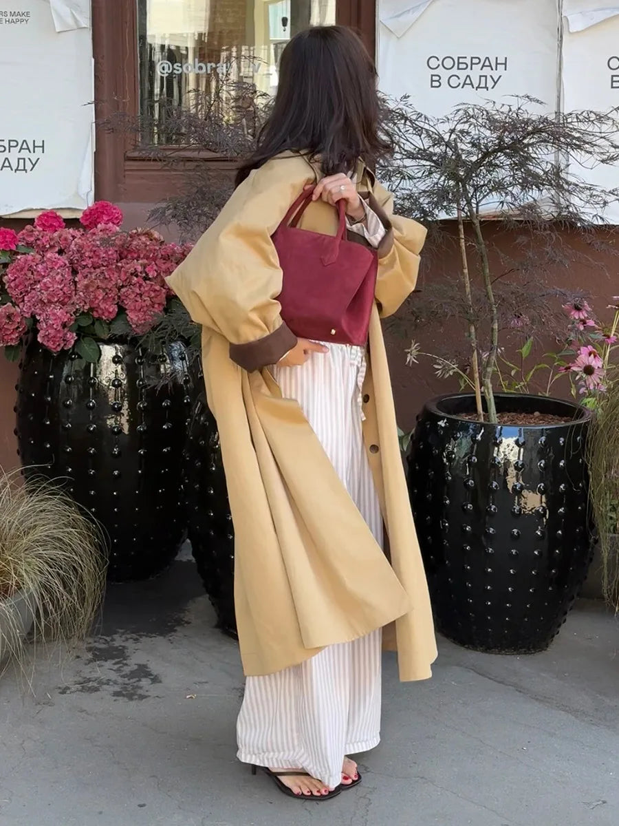 LIZAKOSHT  -  Elegant Cotton Trench Coats for Women 2025 Autumn Turn-down Collar Single Breasted Long Outerwears Ladies Windbreaker