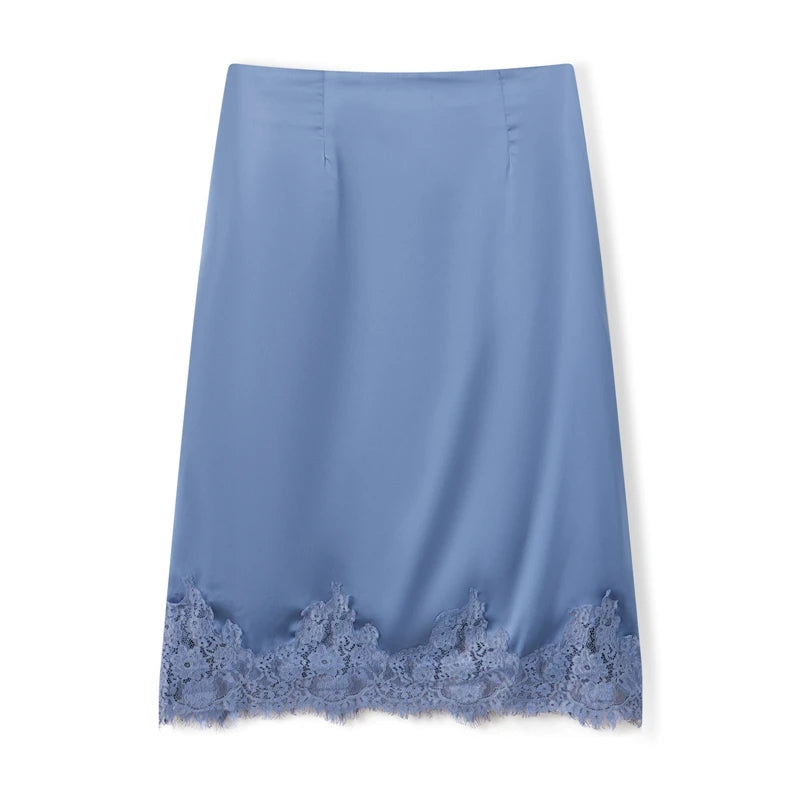 LIZAKOSHT  -  Women Satin Lace Trim Maxi Skirt Silk Lace Patchwork Silk High Waist Midi Skirt Lady Flowy Work Half Slip Long Skirt