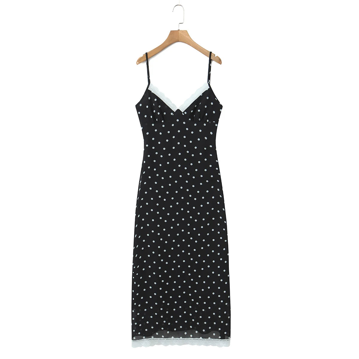 LIZAKOSHT  -  Sexy Coffee Polka Dot Print Spliced Lace V Collar Sling Dress Women Lacing up Strap Backless Long Dresses Femme Vestidos Robe