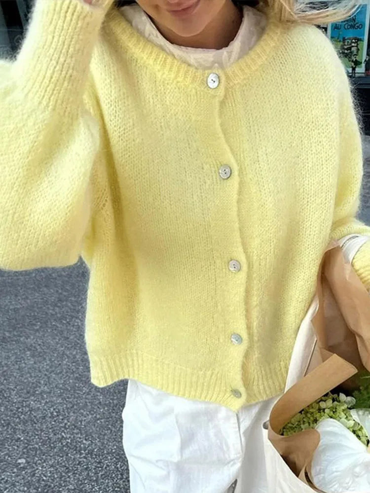 LIZAKOSHT  -  Round Neck Sweater Cardigan Minimalism Cute Soft Waxy Knitted Short Coat Jacket Women Casual Loose Slimming Single Breasted Top