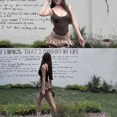 LIZAKOSHT  -  2025 Maillard Style Y2K Retro Brown Hot Girl 2 Piece Sexy Skirt Suit U Collar Sleeveless Bodysuit+Drawstring Pleated Skirts