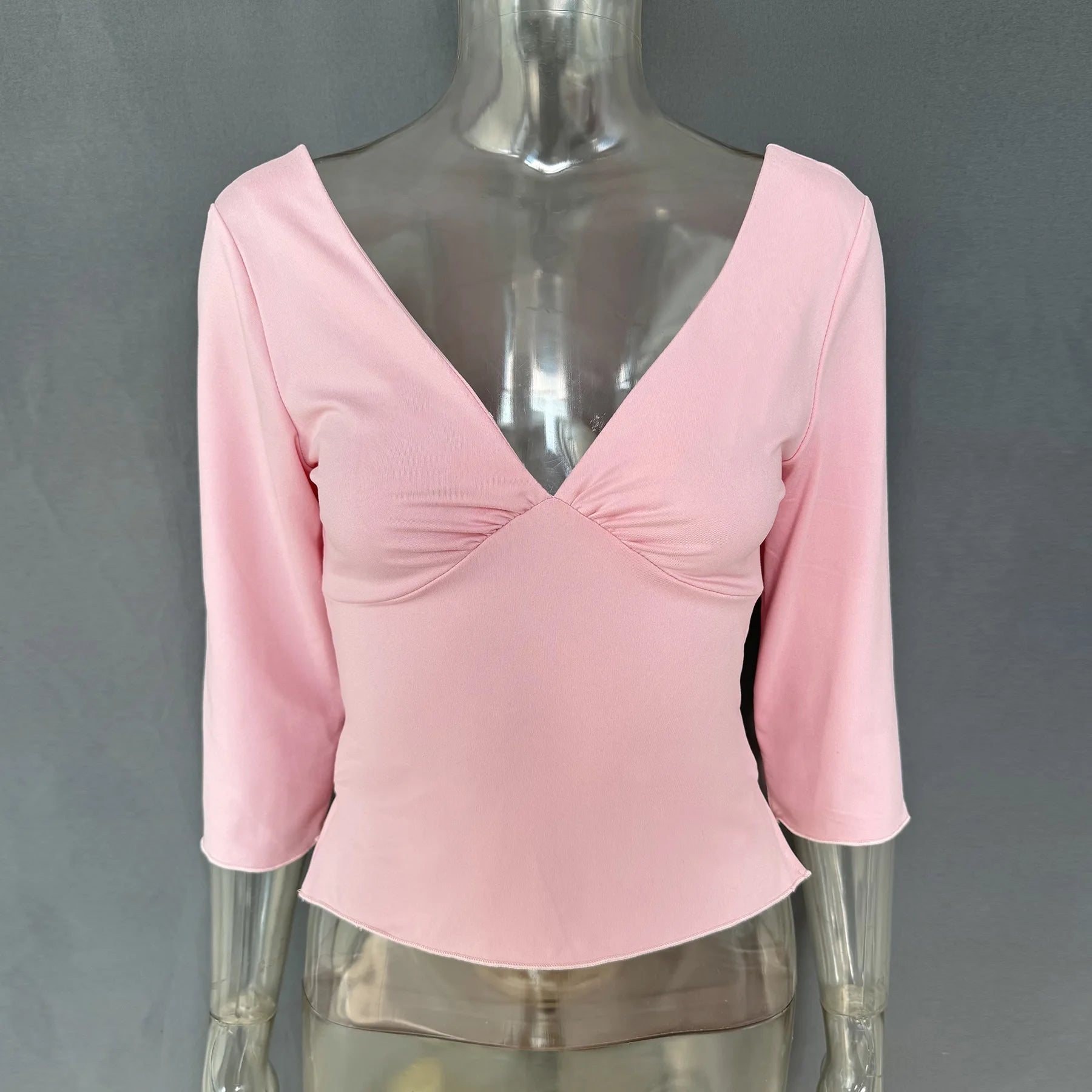 LIZAKOSHT  -  Summer Solid Slim Long Sleeve Women's Tops Sexy Deep V-neck Ruched Backless Crop Tops T-shirts Y2k Top Female Chic Tanks