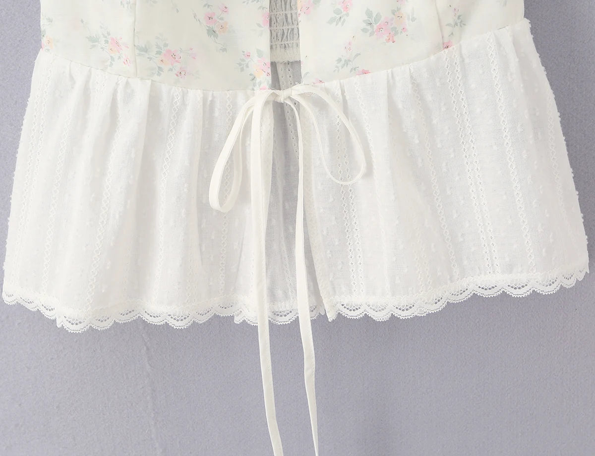 LIZAKOSHT  -  Sexy White Spliced Floral Print Elastic Strap Tank Top Women Hook Buttons Lacing Up Bow Front Elastic Back Crop Vest Beach