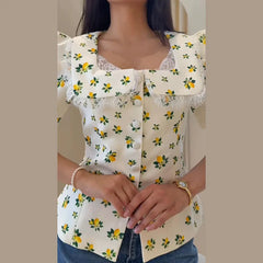 LIZAKOSHT  -  Square Neck Lace Trim Floral Print Short Blazer Puff Sleeve Single Breasted Summer Street Lady Women Sweet Elegant Outfit