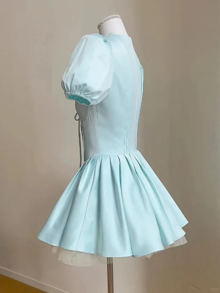 LIZAKOSHT  -  French High End V Neck Puff Short Sleeve Slim Waist Dress Y2k Draped Sweet Summer Spliced Mesh Dress Lazy Women Prinese Dresses