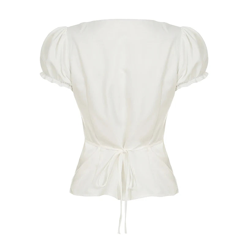LIZAKOSHT  -  Lace Stitching Square Collar Top Summer French Style Puff Short Sleeve T-shirt Elegant Basic Clothing Chic Sweet Tops