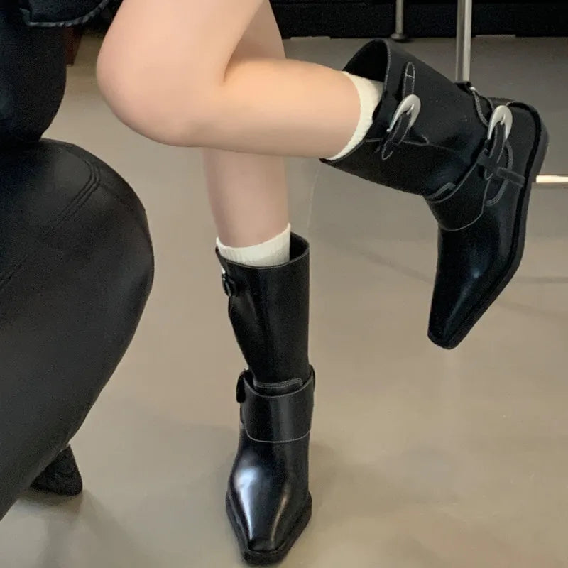 LIZAKOSHT  -  Belt Buckle Chelsea Boots For Women Mid Heel Western Pointed Toe Retro Solid Color Female Shoes Designer New Sewing All-matching