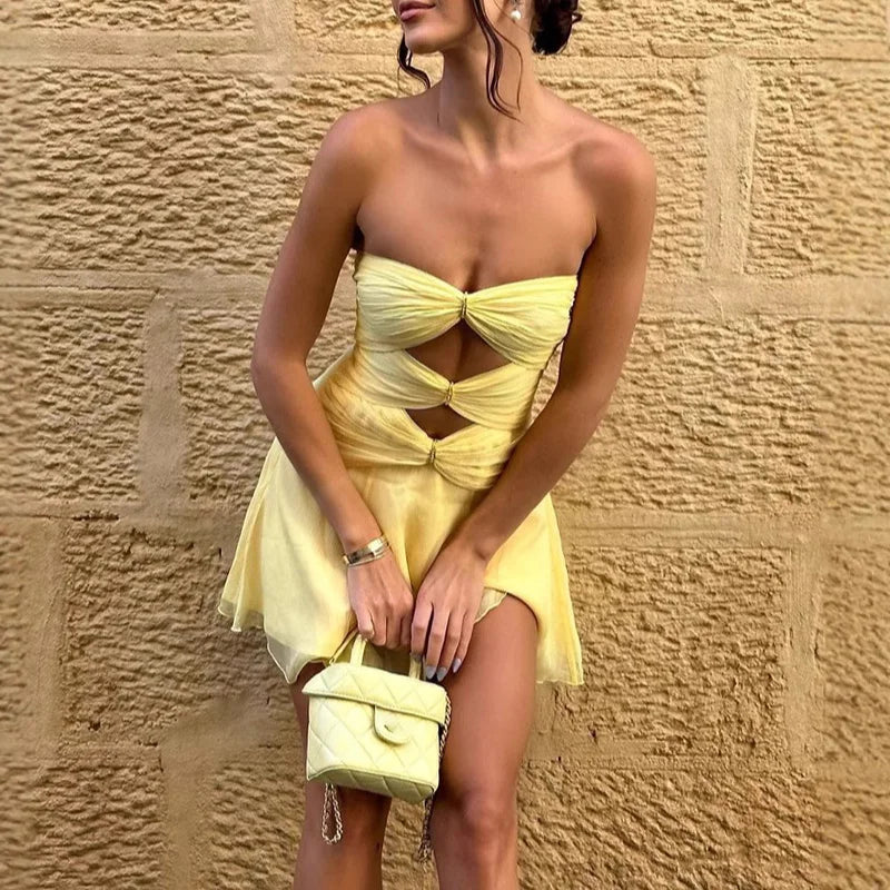 LIZAKOSHT  -  High Street Cocktail Mini Dress Sexy 2025 Strapless Night Club Hollow Backless Mini Dress Female Solid Pleat Party Dress Women