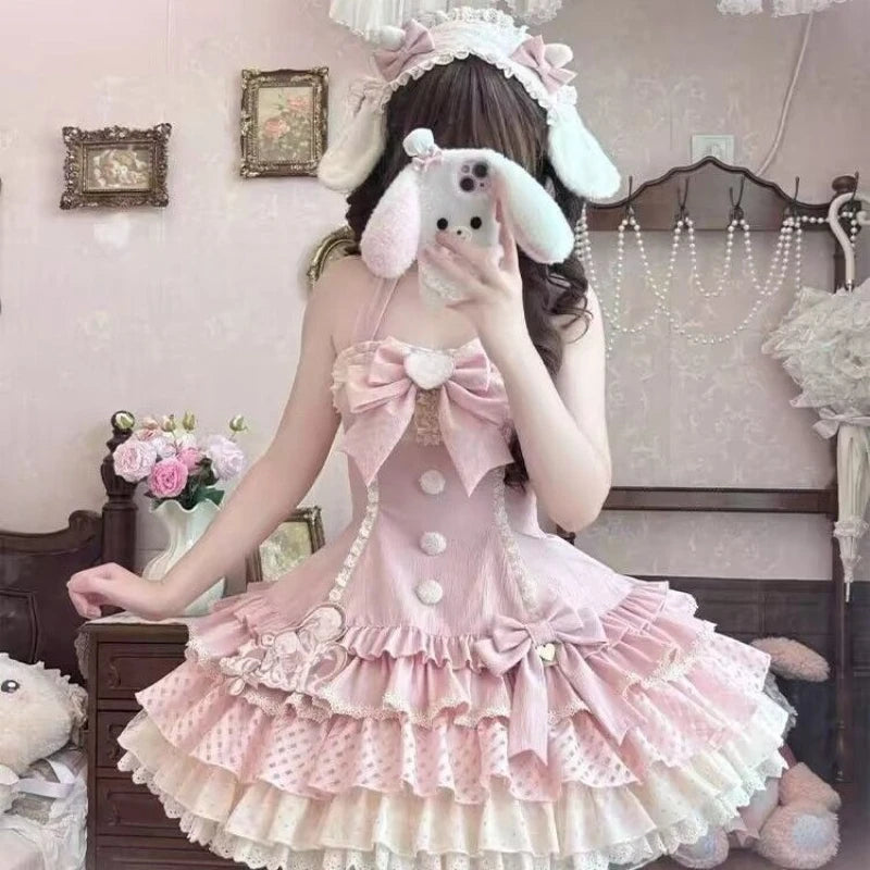  LIZAKOSHT  -  Coquette Sweet Lolita Mini Dress Women Halter Strap Lace Trim Ruffle Bow Slim Fit Bodycon Party Dress Elegant Casual Outfit