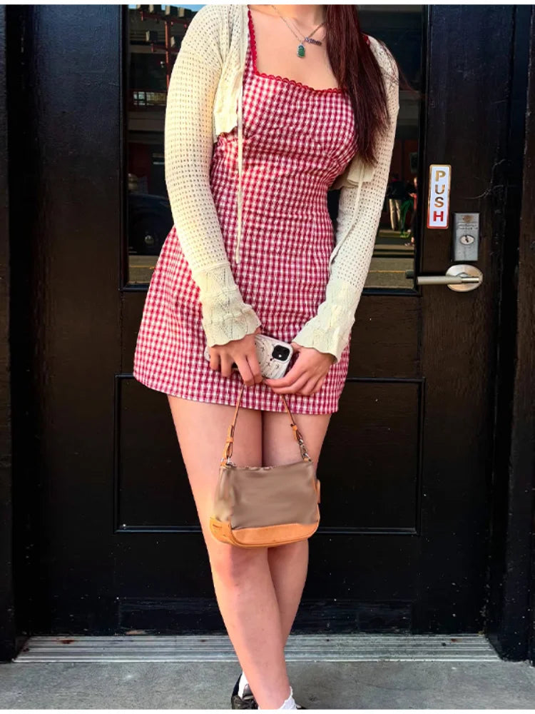LIZAKOSHT  -  Fashion Plaid Slip Short Dress For Women Square Collar Sleeveless Lace Hip Package Vestidos 2025 Summer Chic Lady Casual Dresses